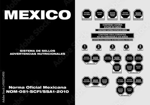 Mexico. Nutrition warning stamp system. Front food labeling. Octagons. Excess sugars, total fats, saturated fats, sodium, calories, sweeteners, caffeine.