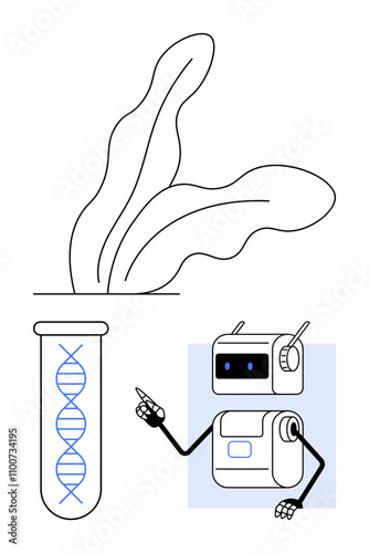 Robot pointing at DNA in test tube, large plant leaves. Ideal for biotechnology, genetics, AI, science, research, innovation, agriculture. Line metaphor