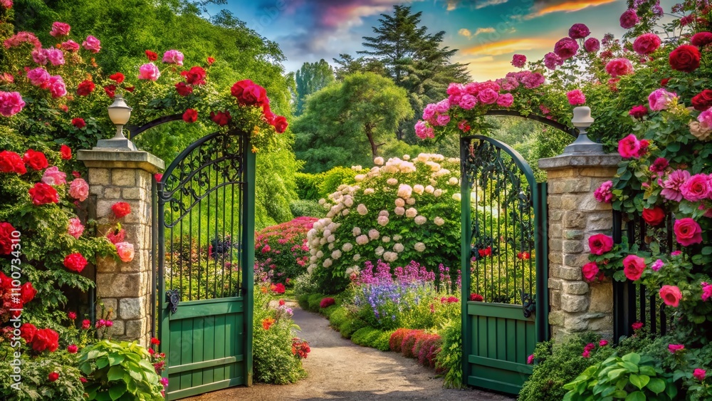 Panoramic View of a Beautiful Garden Gate Adorned with Roses and Another Gate Featuring the Word Panoramic View of a Beautiful Garden Gate Adorned with Roses and Another Gate Featuring the Word