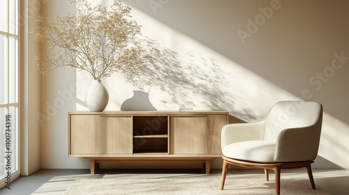 interior design of modern living room. Cozy armchair near wooden sideboard against window and blank wall with copy space.