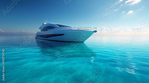 sleek modern yacht anchored in crystal-clear blue waters, symbolizing luxury, freedom, and serenity with its smooth design and calm environment, offering an escape into tranquility and elegance photo