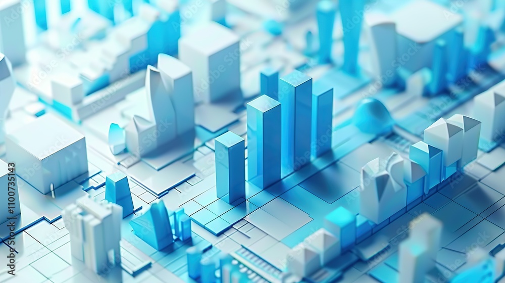Professional Isometric Graph With Blue Bars and Luminous Functional 3D Objects Professional Isometric Graph With Blue Bars and Luminous Functional 3D Objects