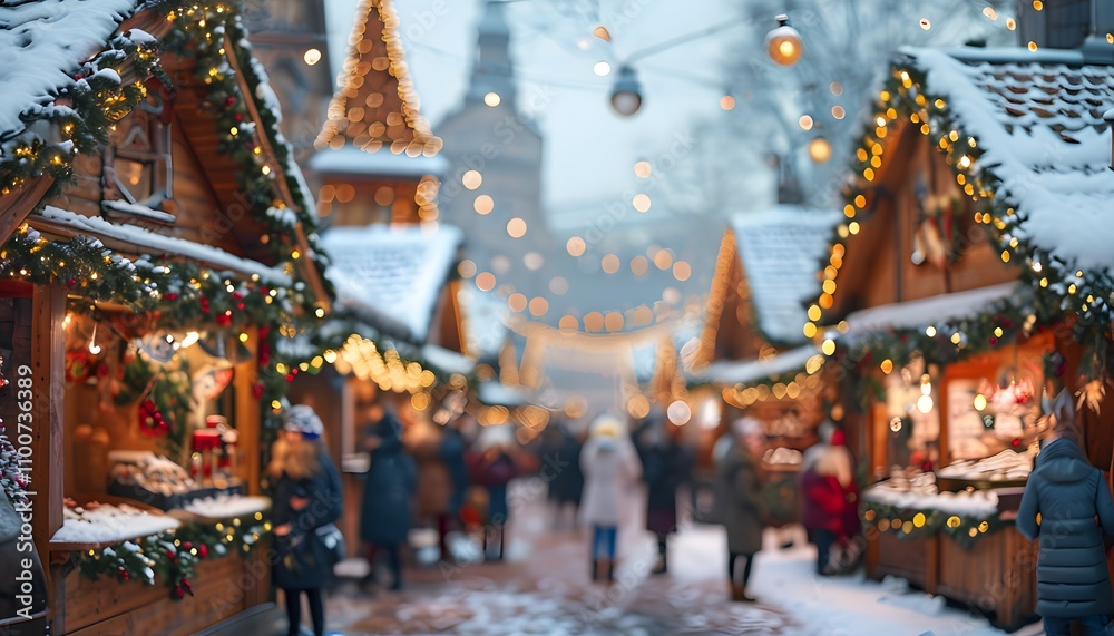 Fototapeta premium Outdoor Christmas Market with Wooden Stalls 