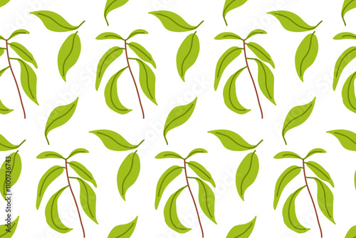 A vibrant pattern of green leaves arranged beautifully on a white background