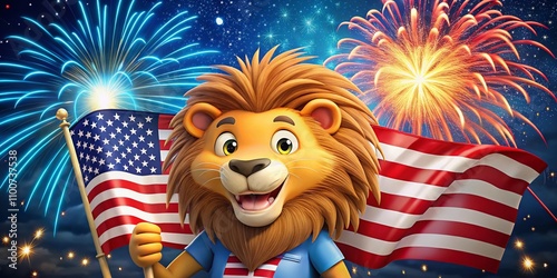 Patriotic Lion Character with American Flag for 4th of July Celebrations, Perfect for Presidential Election Themes and Independence Day Events in the USA photo