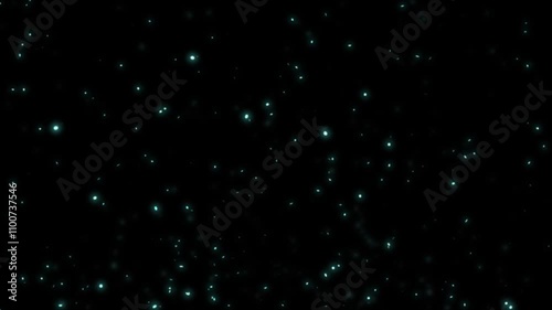 dark floating blue particle background. Glowing sparkles in front of black backdrop. Seamless looping wallpaper.