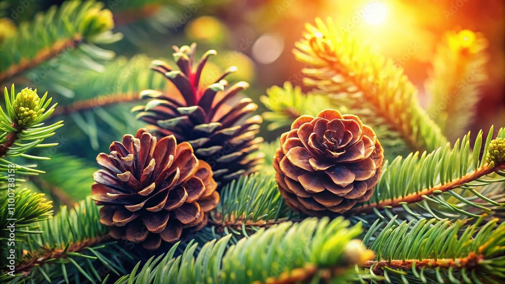 Fototapeta premium Pine Cones on a Fir Branch Surrounded by Lush Green Needles, Perfectly Positioned for Nature Photography with Ample Copy Space for Text or Branding Needs