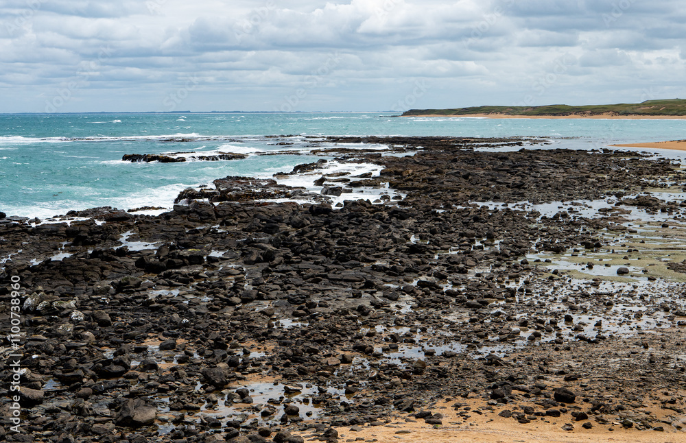 Beautiful rocky beach blue ocean cliffs rugged new zealand southland Beautiful rocky beach blue ocean cliffs rugged new zealand southland