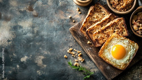 Breakfast plate with sunny-side-up egg, toast, and granola in bowls photo