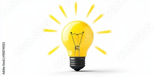 Bright Yellow Light Bulb with Rays of Light on a White Background