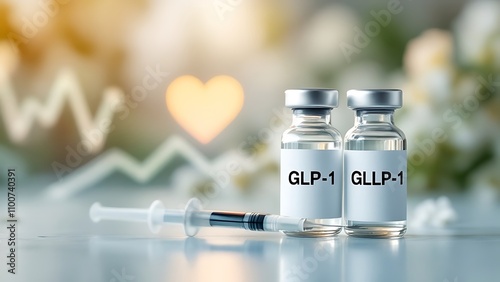 Vials labeled glp-1 with syringes, heart icon, and growth chart symbolize hormone therapy benefits. photo