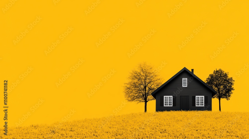 Black House on Yellow Field with Trees and Clear Sky Background Black House on Yellow Field with Trees and Clear Sky Background