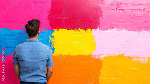 Creative man admiring vibrant abstract wall art in bright colors