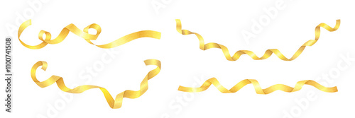 Set of shiny yellow, golden serpentine ribbon with curls on isolated background. Hand drawn watercolor illustration. Holiday decoration for design, cards, invitations, congratulations, packaging