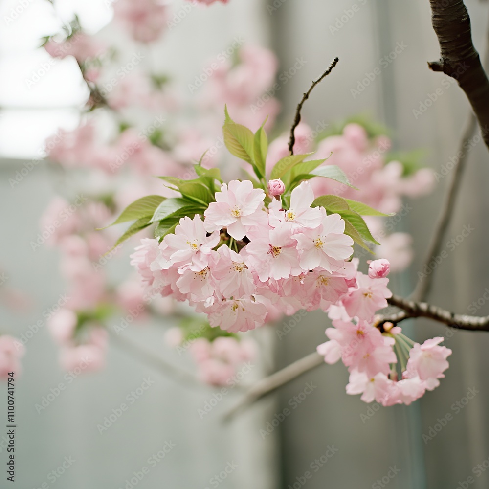 Obraz premium Close-up of delicate pink cherry blossoms on a branch.