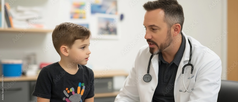 Obraz premium Doctor talking with a young boy patient in his office.