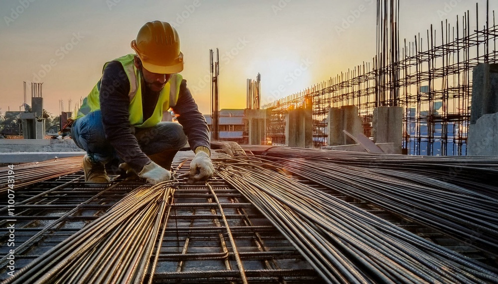 Fototapeta premium A construction worker, dressed in a yellow hard hat and safety vest, is handling steel rebar while working on a building site during sunset.