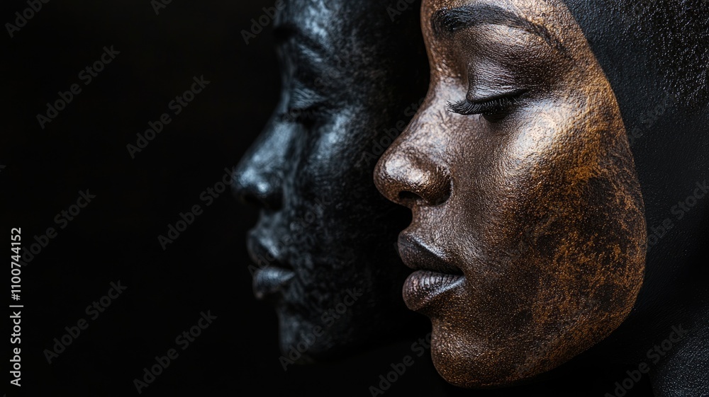 Two African women, one side-profile, another with golden face paint, dark background Two African women, one side-profile, another with golden face paint, dark background