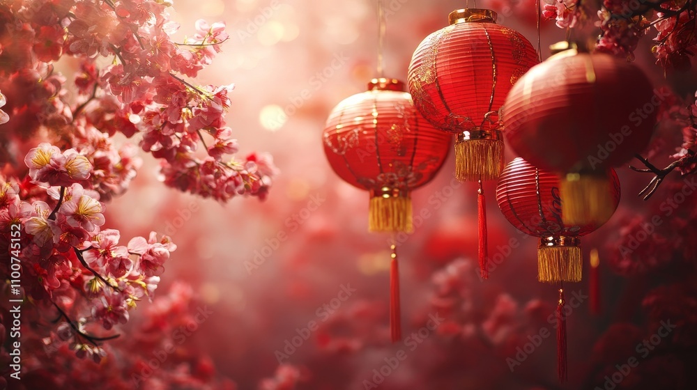 Obraz premium Create a vibrant copy space background for Chinese New Year, adorned with traditional symbols like lanterns and cherry blossoms, using rich red and gold hues to evoke a festive atmosphere ideal 