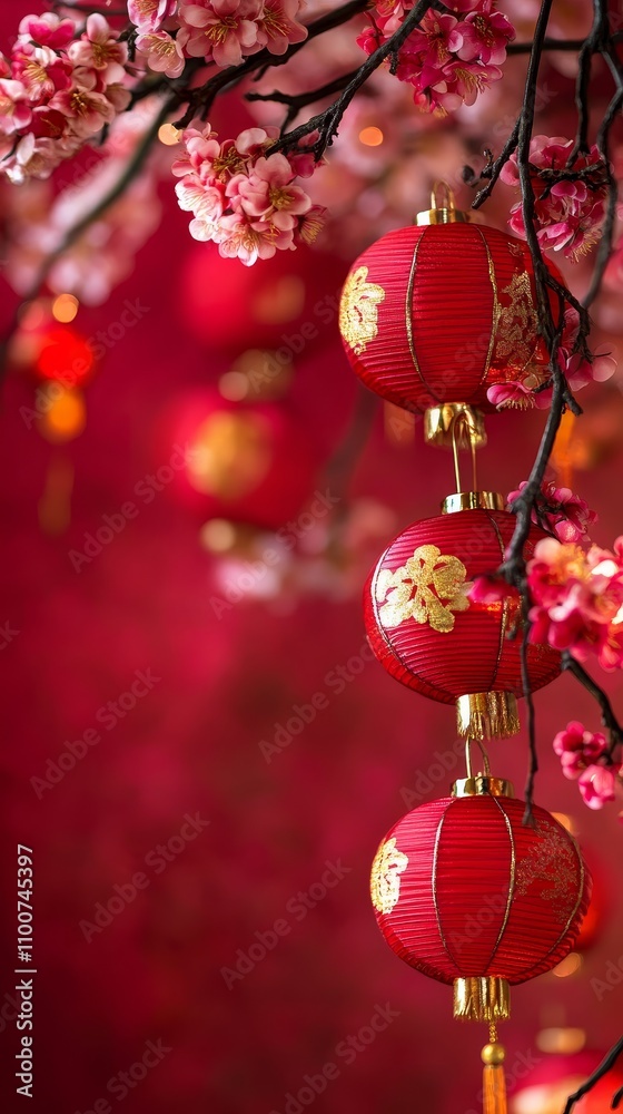 Obraz premium Create a vibrant copy space background for Chinese New Year, adorned with traditional symbols like lanterns and cherry blossoms, using rich red and gold hues to evoke a festive atmosphere ideal 