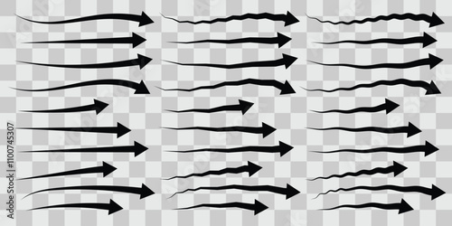 Set of black arrow showing wind air flow isolated on transparent background. Set of arrows showing direction of air movement. Air flow vector illustration.