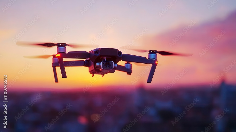 Drone flying over a sunset cityscape capturing stunning aerial views