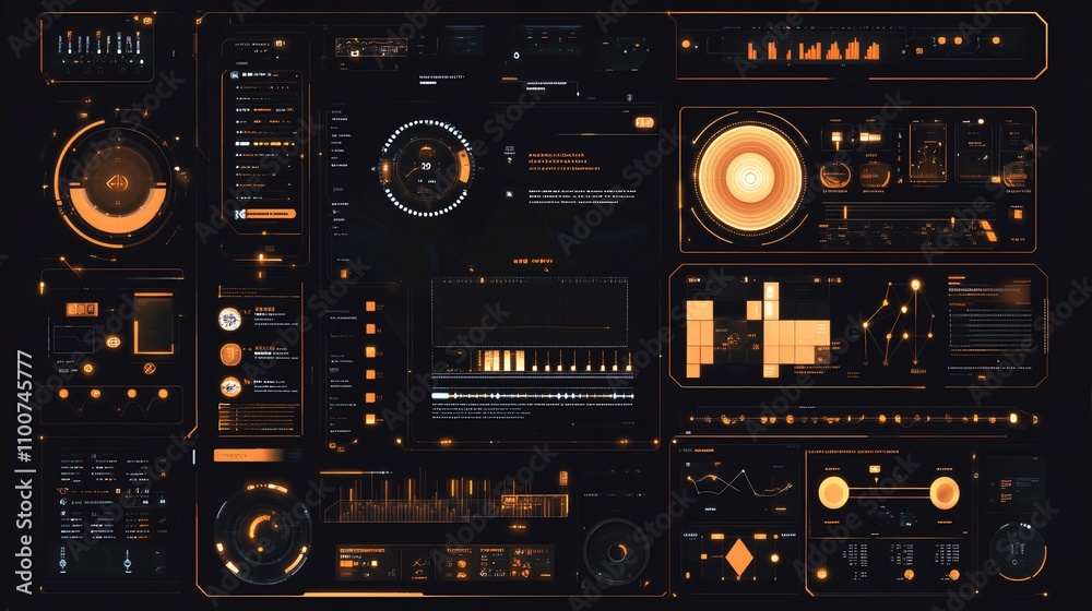 Obraz premium Futuristic orange and black digital interface with various data displays and controls.