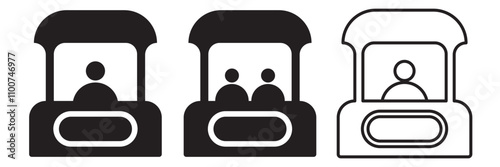 Sales booth icon set. Promo information stall with man line sign. Show ticket window counter vector symbol. EPS 10