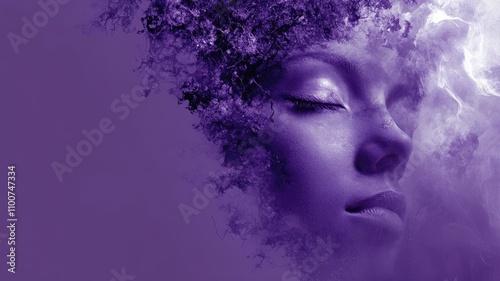 Woman with closed eyes surrounded by abstract purple artwork