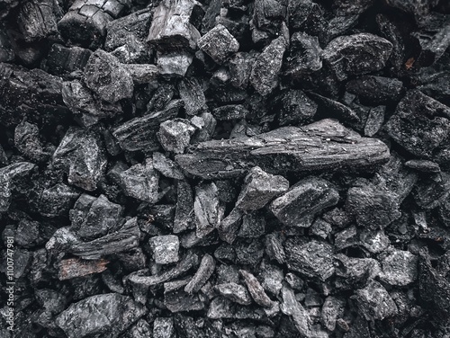 Black charcoal from burning wood. Charcoal is the result of burning wood and produces a black residue containing impure carbon