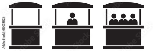 Sales booth icon set with exhibitor. Sales booth or stand icon set on white background.