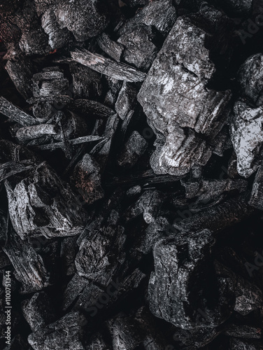 Black charcoal from burning wood. Charcoal is the result of burning wood and produces a black residue containing impure carbon