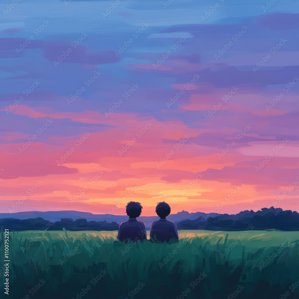 Naklejka premium Two figures sit in a grassy field, watching a vibrant sunset.