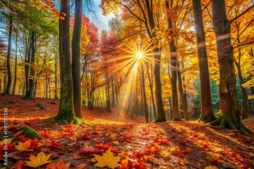 Fototapeta premium Serene Autumn Forest Scene Bathed in Sunlight with Vibrant Leaves and Peaceful Atmosphere for Nature Lovers and Tranquil Landscapes
