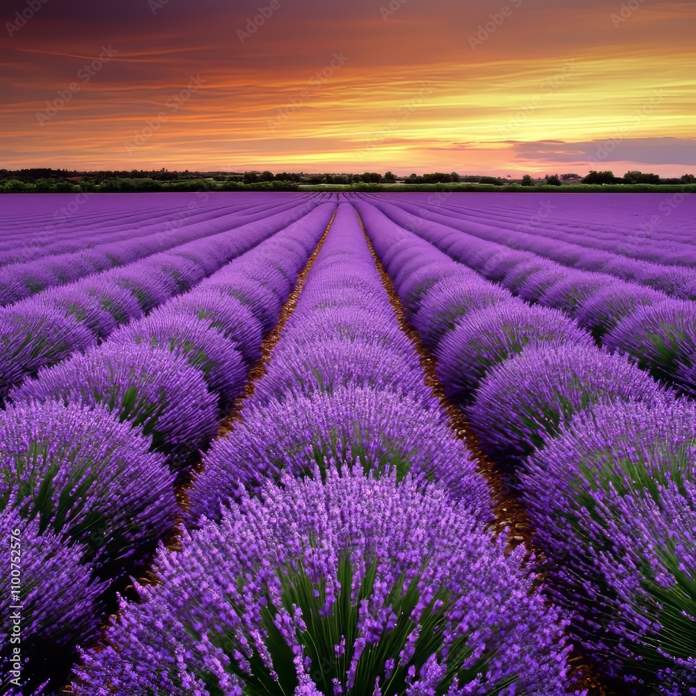 Naklejka premium Vibrant lavender field at sunset.