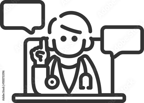 PCのオンライン診療で、会話する男性医師のアイコン（線画）のイラスト