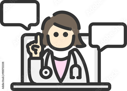 PCのオンライン診療で、会話する女性医師のアイコン（線画カラー）のイラスト