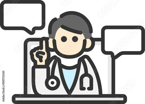 PCのオンライン診療で、会話する男性医師のアイコン（線画カラー）のイラスト