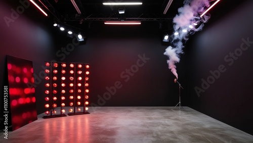 Neon lights, spotlights, a dark red background, and an empty, gloomy scene are all displayed on the dark stage. The studio space with smoke floating above the interior texture for exhibit products and photo