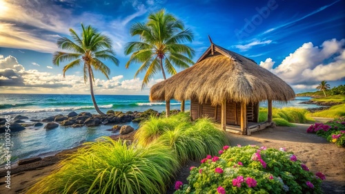 Serene Hale Pili on the Pristine Beaches of Hawaii’s Big Island Surrounded by Lush Tropical Flora and Crystal Clear Waters Capturing the Essence of Paradise in High Depth of Field