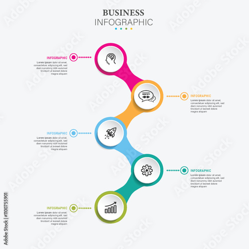 Line flow infographic. 5 steps timeline milestone graphic, presentation banner concept. Vector 5 options workflow infographic