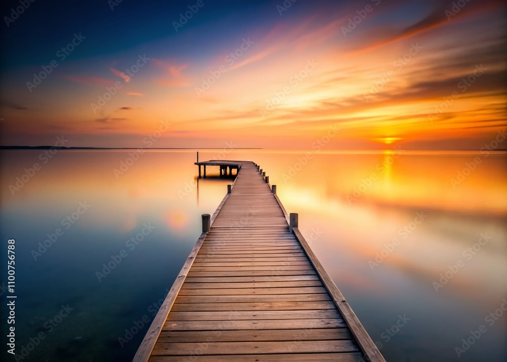 Fototapeta premium Serene Minimalist Pier at Sunset: A Tranquil View of Nature's Beauty with Soft Colors and Reflections on Water, Perfect for Relaxation and Meditation Imagery