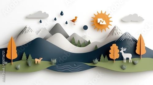 Stylized digital depicting a surreal mountainous landscape with a sun clouds river trees and a deer in a papercraft layered cutout style design  Abstract and minimalist background with creative