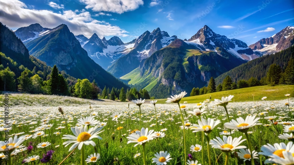 Fototapeta premium Serene Spring Landscape of a Mountain Valley with a Daisy Field in the Foreground and Partially Snow-Covered Mountain Range in the Background