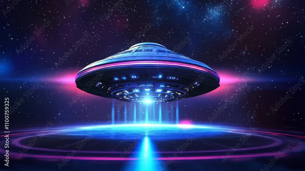 UFO descends over a glowing landscape in a colorful cosmic setting at ...