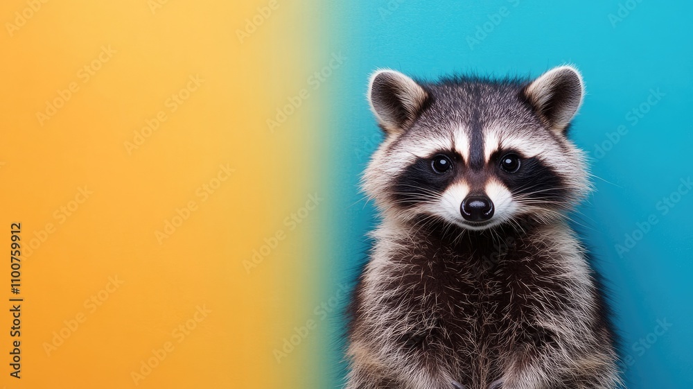 Cute raccoon with fluffy fur against vibrant blue and yellow background Cute raccoon with fluffy fur against vibrant blue and yellow background