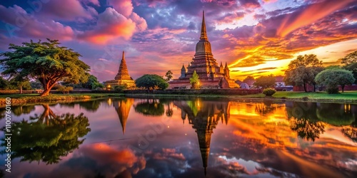 Serene Twilight Over the Ancient Pagoda of Wat Maheyong Temple in Ayutthaya, Thailand, Showcasing Stunning Landscape Photography at Dusk photo