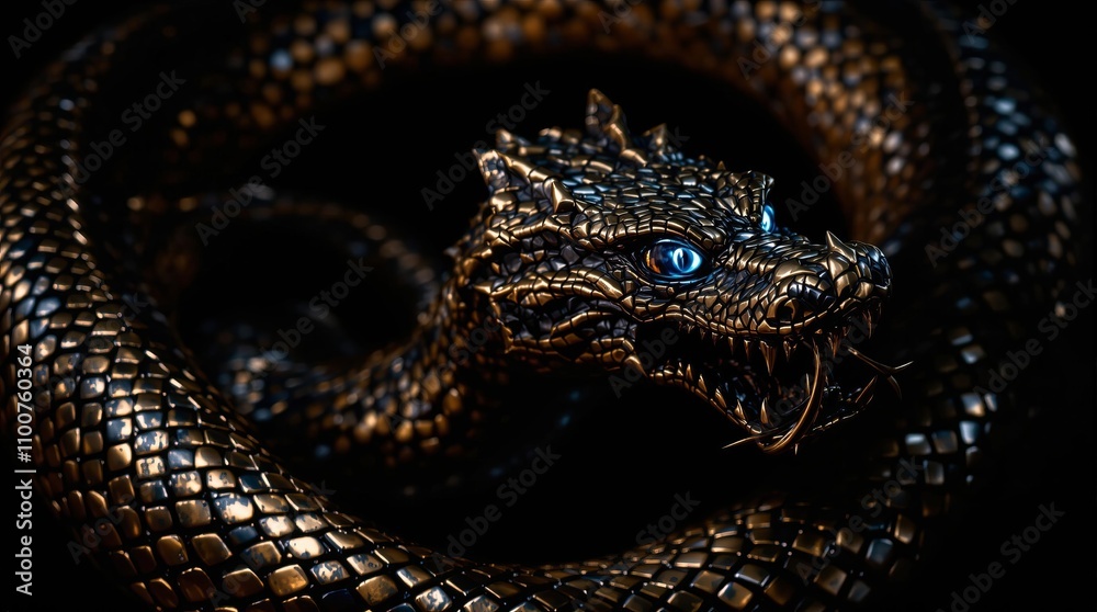 Fototapeta premium Fierce metallic dragon snake with blue eyes and intricate scales