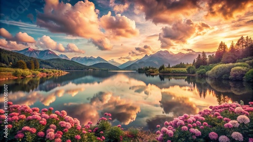 Wallpaper Mural Serene Vintage Landscape at Dusk with Pink Sky, Fluffy Clouds, Tranquil Lake, Surrounding Pink Mountains, and Vibrant Flowers in a Peaceful Setting Torontodigital.ca