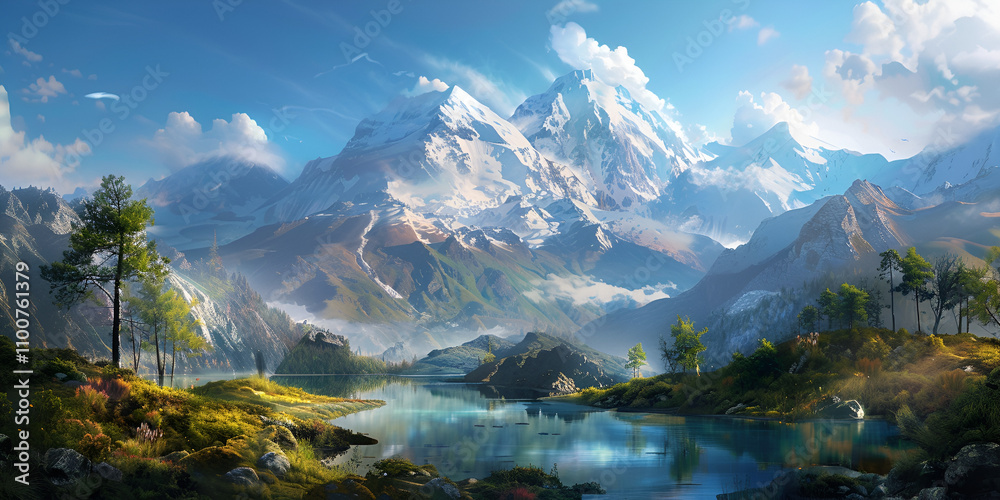 Obraz premium Majestic Alpine Mountains Reflecting in Crystal-Clear Lake, Idyllic Alpine Landscape with Snowy Peaks and Tranquil Water
